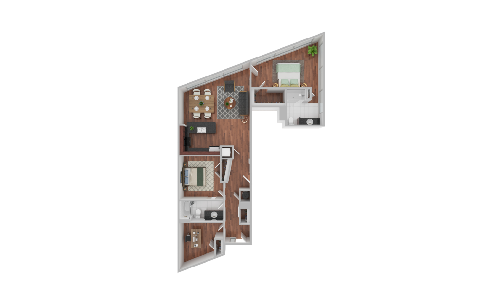 Chagall - 2 bedroom floorplan layout with 2 bathrooms and 1315 square feet (3D)
