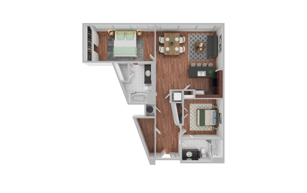 Dali - 2 bedroom floorplan layout with 2 bathrooms and 1180 square feet (3D)