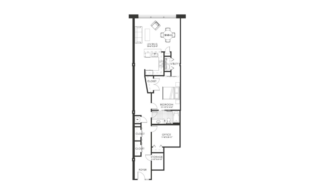 Matisse - 2 bedroom floorplan layout with 1 bath and 1245 square feet.