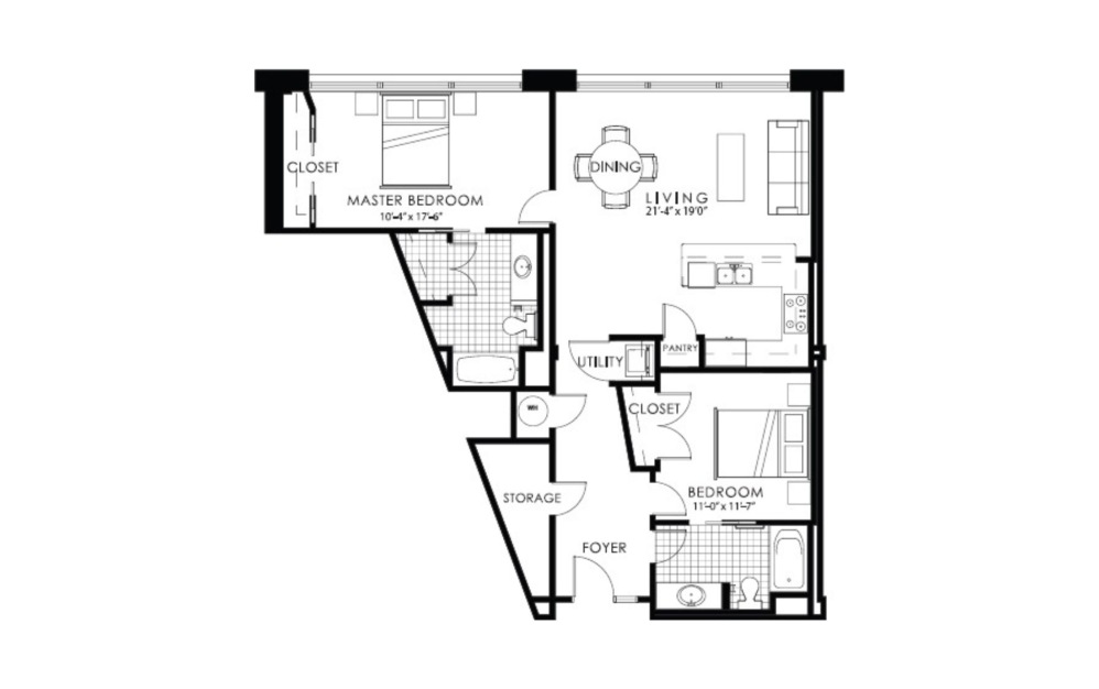 Dali - 2 bedroom floorplan layout with 2 baths and 1180 square feet.